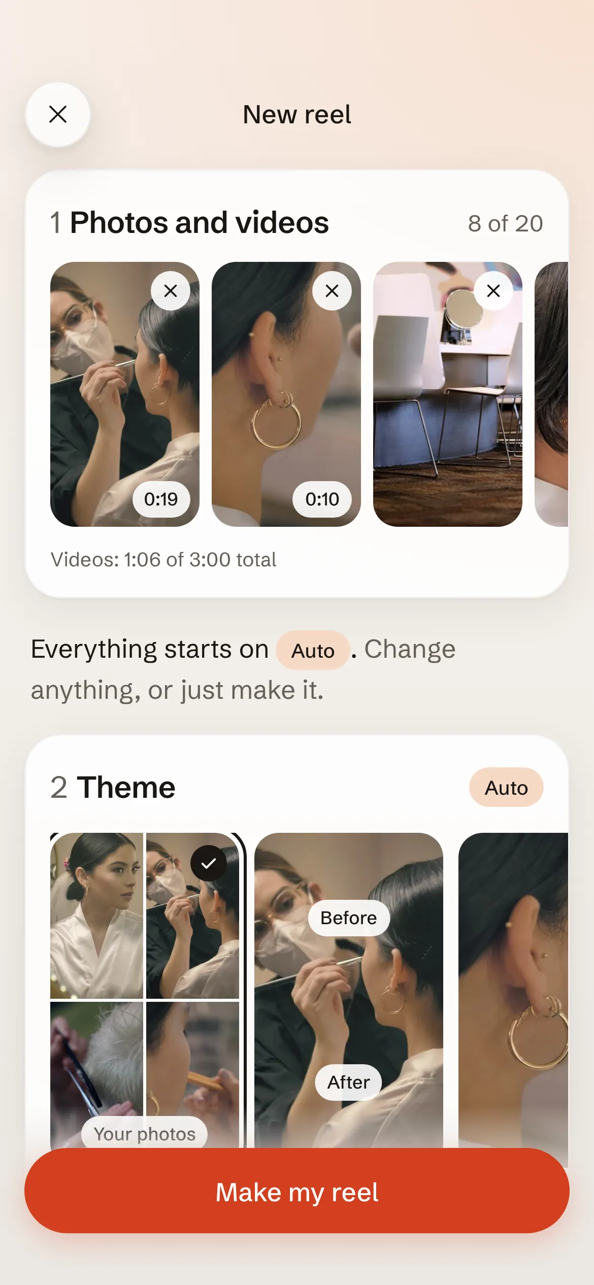 The New reel screen with 8 salon photos and videos added, everything set to Auto