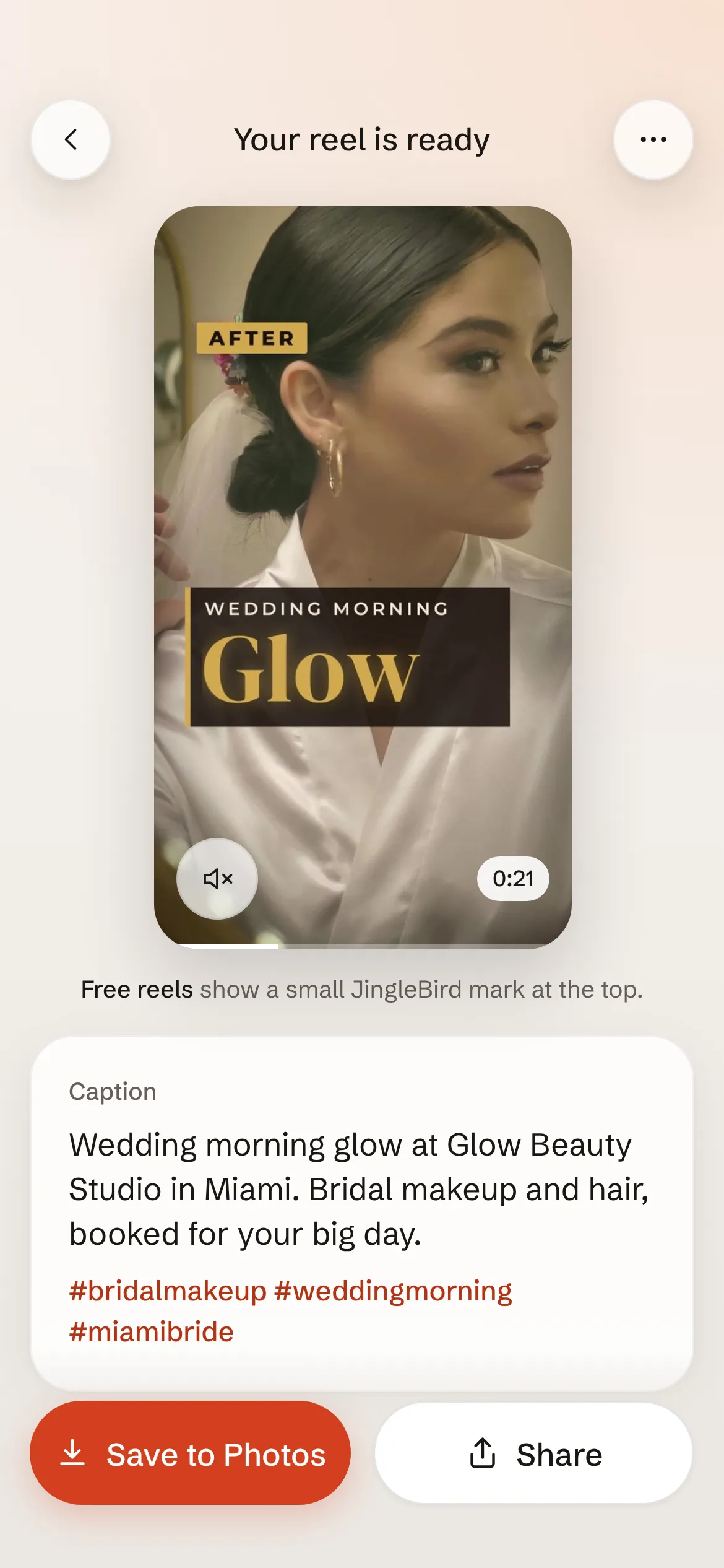 The Your reel is ready screen with the salon reel, its caption and Save to Photos